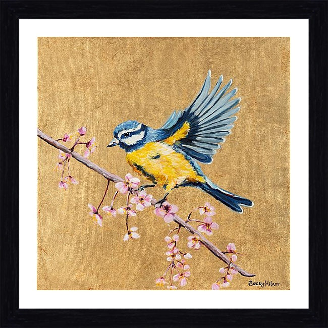 Blue Tit and Flowers Framed & Mounted Print