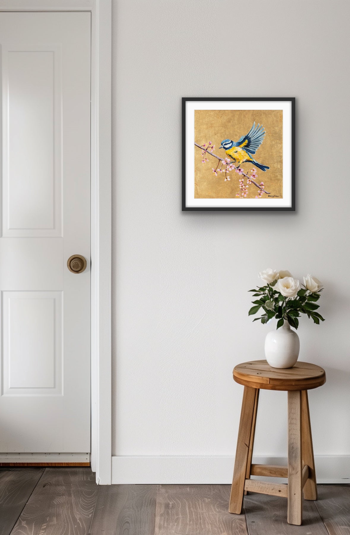 Blue Tit and Flowers Framed & Mounted Print