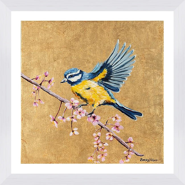 Blue Tit and Flowers Framed & Mounted Print