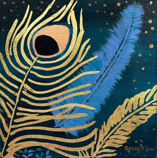 Gold and light blue feathers on green