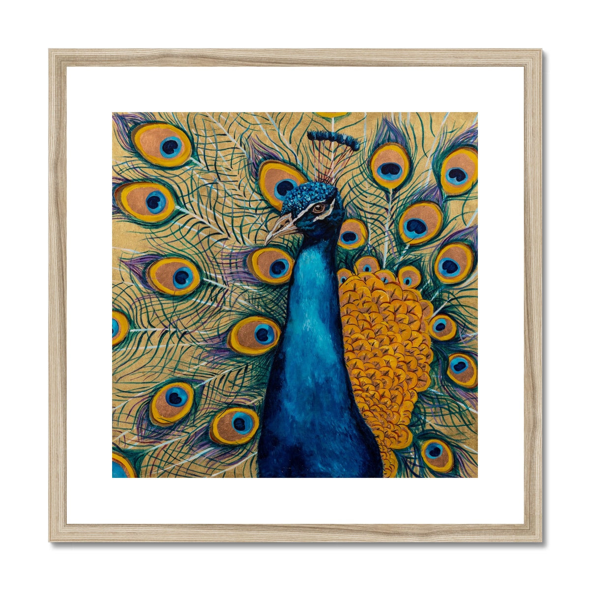 Regal Beauty: A Vibrant Color Art Print of a Peacock Perched on a Bran